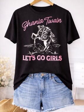 Black Tee with Pink & Cream Shania Twain Graphic, M